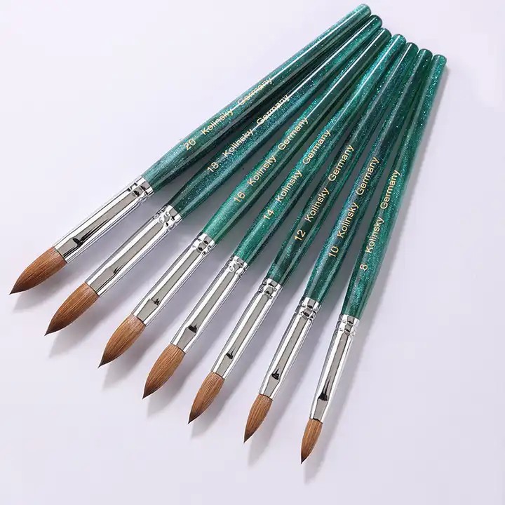New Product Custom Logo Engraved Oval Crimped 100% Pure Kolinsky Brush Green Wooden Handle Sable Kolinsky Acrylic Nail Brush