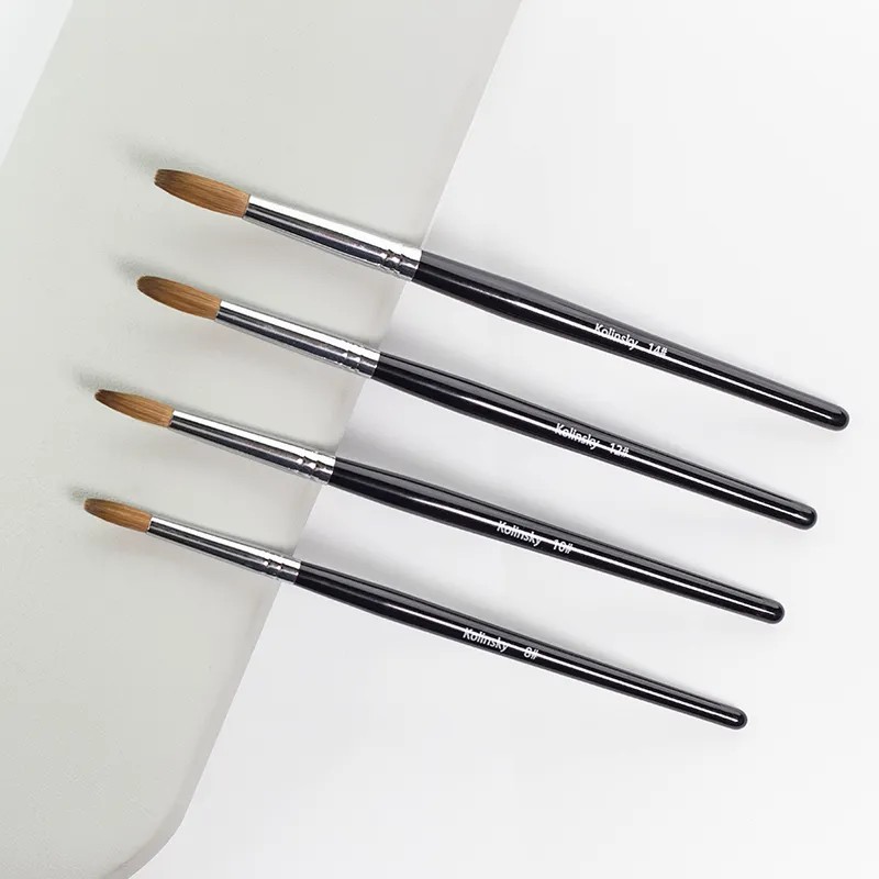 2024 Classic Black Metal Handle Kolinsky Nail Brushes For Acrylic Nails Professional Manicure Size from 8 to 20 Factory Supply