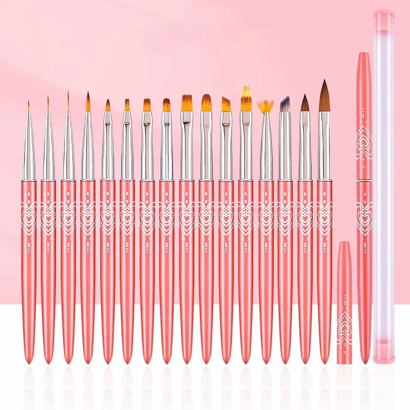 Custom Logo Nail Art Brushes liner ombre flat oval nail brush set 16pcs gel nail brush set