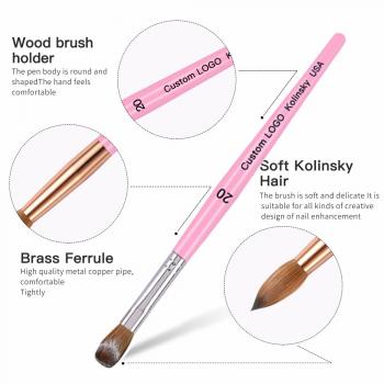 OEM Packaging Rose Gold Ferrule Pink Wooden Crimped 100% Kolinsky Acrylic Nail Brush Nails size 8 10 12 14 16 18 20