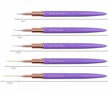 Hot Nail Long Striping Purple Liner Brush Metal Handle 5pcs Tube Nail Art Brush Design Liner Set 3d 5/9/15/20/25mm