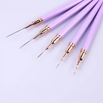 Custom Logo Metal Handle Nail Art Brushes Liner Purple Red Gold 5 Pcs Nail Art Liner Brush Custom Fine Liner Nail Art Brushes