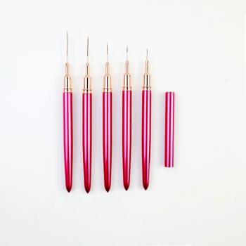 Custom Logo Metal Handle Nail Art Brushes Liner Purple Red Gold 5 Pcs Nail Art Liner Brush Custom Fine Liner Nail Art Brushes