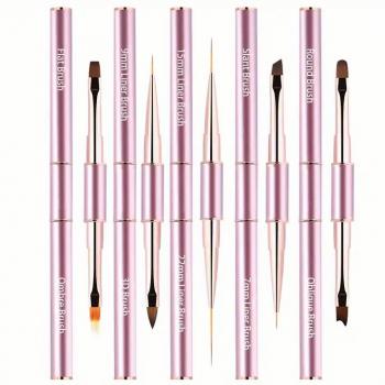New Custom New Gel Art Design Double End Rose Gold Metal Handle Nail Art Paint Brush Liner 3d Nails Brush with cover Ombre Flat
