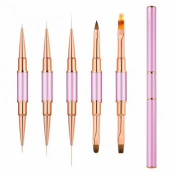 New Custom New Gel Art Design Double End Rose Gold Metal Handle Nail Art Paint Brush Liner 3d Nails Brush with cover Ombre Flat