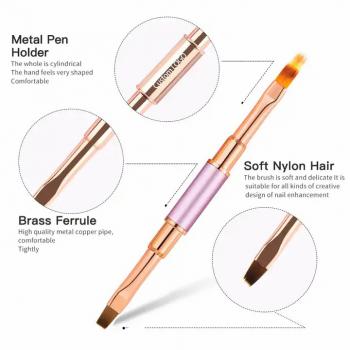 New Custom New Gel Art Design Double End Rose Gold Metal Handle Nail Art Paint Brush Liner 3d Nails Brush with cover Ombre Flat