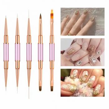 New Custom New Gel Art Design Double End Rose Gold Metal Handle Nail Art Paint Brush Liner 3d Nails Brush with cover Ombre Flat