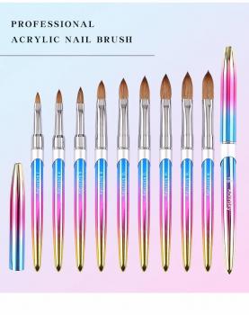 Fashion Nail Brushes Wholesale Metal Handle Crimped Round Number 8 10 12 14 16 18 Acrylic Brush Kolinsky High Quality