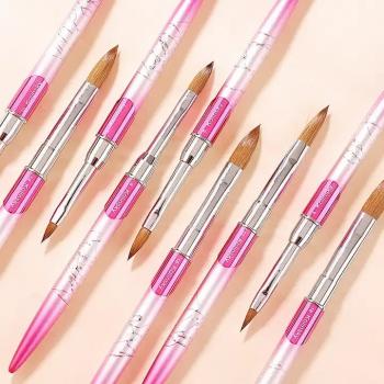 pink metal nail art brushes 2 4 6 8 10 12 14 16 18 100% kolinsky sable hair acrylic crimped nail brush kolinsky nail brushes