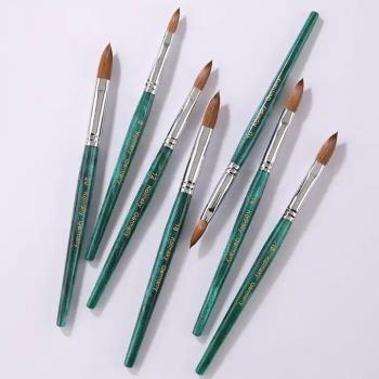 New Product Custom Logo Engraved Oval Crimped 100% Pure Kolinsky Brush Green Wooden Handle Sable Kolinsky Acrylic Nail Brush