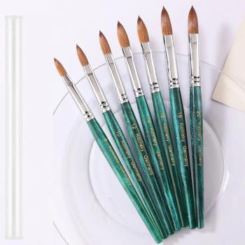 New Product Custom Logo Engraved Oval Crimped 100% Pure Kolinsky Brush Green Wooden Handle Sable Kolinsky Acrylic Nail Brush
