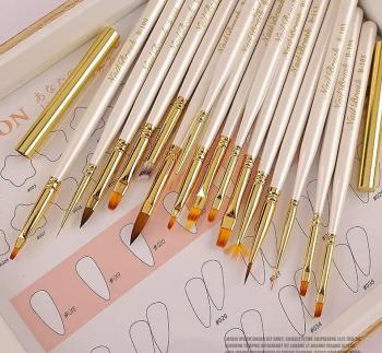 Wholesale nail art brush white gold brush oval angled ombre flat gel fan liner novice manicurist nail shop nail brush 15pcs