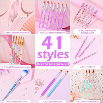 41 Pcs Nail Art Brushes Set with Double Ended Nail Art Dotting Tools Dust Brush Gel Brushes Nail Liner