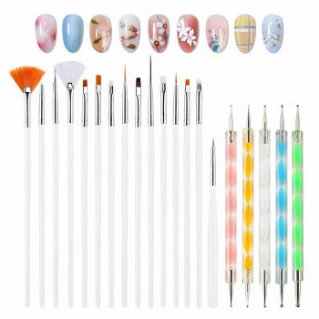 20pcs Nail Art Design Tools, 15pcs Nail Art Brushes Kit with 5pcs Nail Dotting Pens, PINK BLACK WHITE