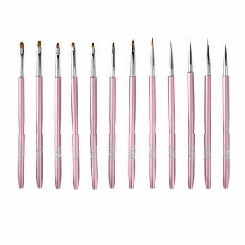 Pink metal nail brush set 12pcs metal carved pattern ombre gel oval angled nail art brush