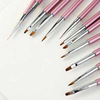 Pink metal nail brush set 12pcs metal carved pattern ombre gel oval angled nail art brush