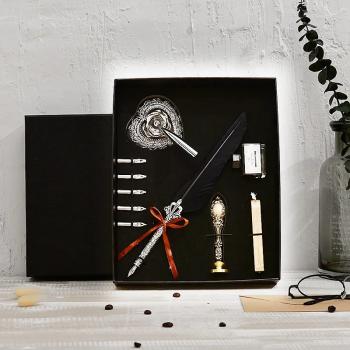 New Feather Pen set with 5 nibs 1 ink pen holder calligraphy retro carving wedding gift sign dip pen