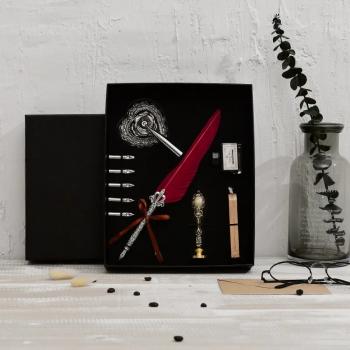 New Feather Pen set with 5 nibs 1 ink pen holder calligraphy retro carving wedding gift sign dip pen