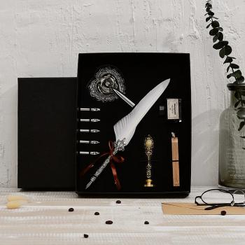New Feather Pen set with 5 nibs 1 ink pen holder calligraphy retro carving wedding gift sign dip pen