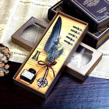 Feather Pen Calligraphy Pen and Ink Set Antique Refillable Writing Quill Ink Dip Pens for Writing