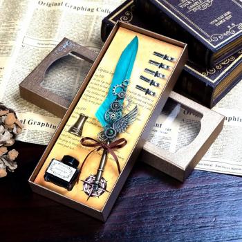 Feather Pen Calligraphy Pen and Ink Set Antique Refillable Writing Quill Ink Dip Pens for Writing