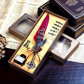 Feather Pen Calligraphy Pen and Ink Set Antique Refillable Writing Quill Ink Dip Pens for Writing