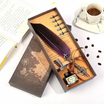 New Product Feather Pen Quill Antique Dip Pen Set Calligraphy Feather Dip Quill Pen Set with 5 Replacement
