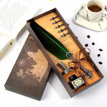 New Product Feather Pen Quill Antique Dip Pen Set Calligraphy Feather Dip Quill Pen Set with 5 Replacement