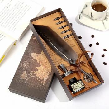 New Product Feather Pen Quill Antique Dip Pen Set Calligraphy Feather Dip Quill Pen Set with 5 Replacement