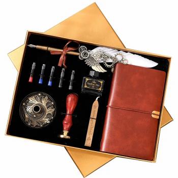 Retro Feather Dip Pen Seal Stamp Wax Set with empty ink Feather Notebook Ink Extraction Tube Pen