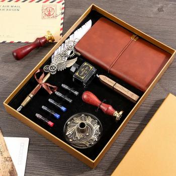 Retro Feather Dip Pen Seal Stamp Wax Set with empty ink Feather Notebook Ink Extraction Tube Pen