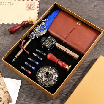 Retro Feather Dip Pen Seal Stamp Wax Set with empty ink Feather Notebook Ink Extraction Tube Pen