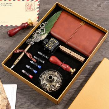 Retro Feather Dip Pen Seal Stamp Wax Set with empty ink Feather Notebook Ink Extraction Tube Pen