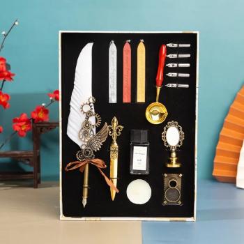 New Fountain Pen Set Owl Feather Pen Gift Box Retro Dip Pen Stationary Supplies Back To School