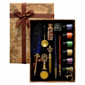 New Product New Classic Calligraphy Feather Pen Wax Ink Seal Stamp Set Vintage Wood Dip Pen Kit