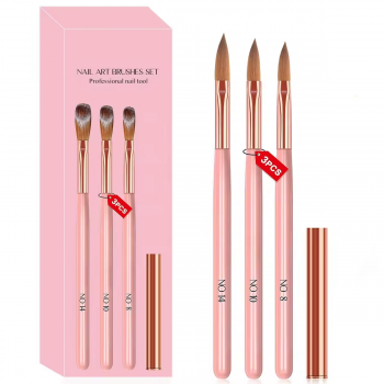 Hot selling nail brush set in stock 3 pieces in pink box wooden stem crystal liner nail tools